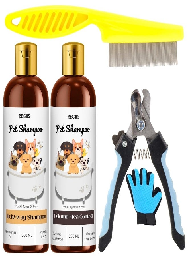 REGIIS Pet Grooming Kit, Dog Shampoo Set with Flea Control and Itch Away Formula, Nail Clippers, Deshedding Comb, Grooming Glove, 200 ML, 4 Piece - Image 1